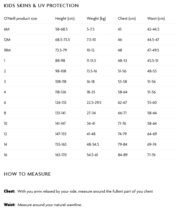 ONeil Toddler Rash Vests Mens Size Chart